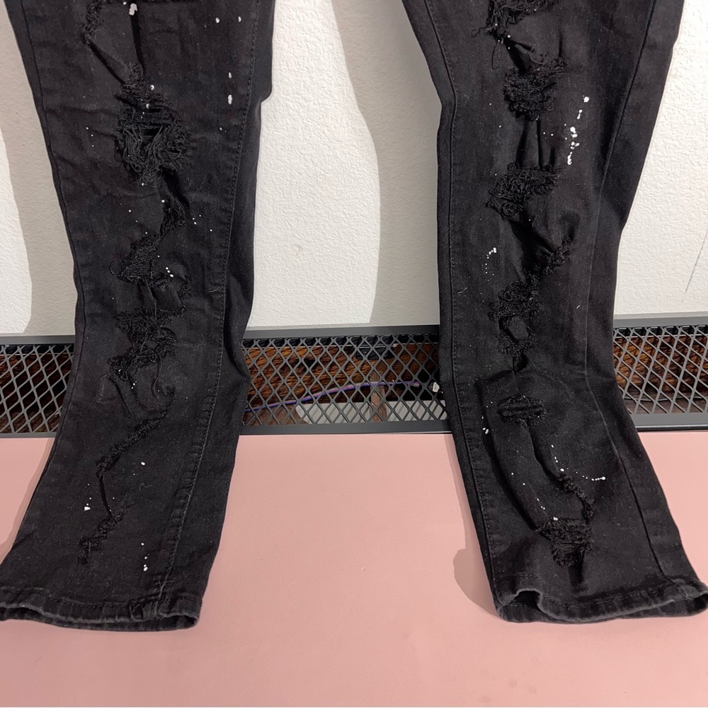 Men's Black Distressed Paint Splatter Jeans Size 40x32 Ripped Spandex Retro Edgy - Picture 5 of 16